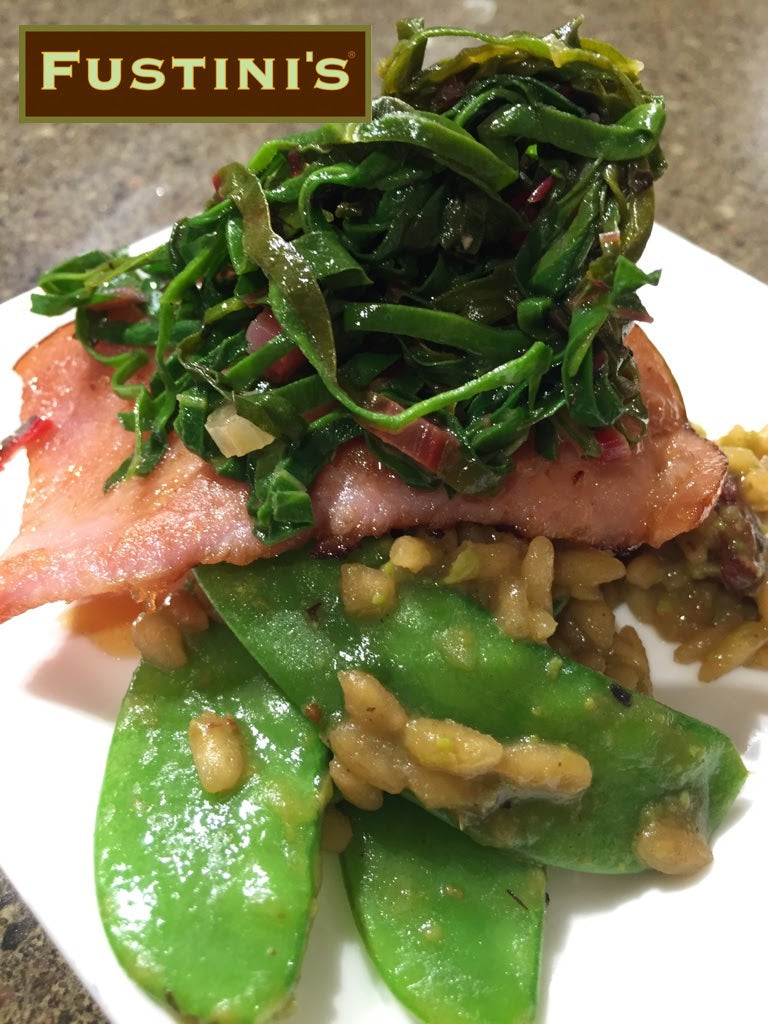 Pea Risotto with Glazed Virginia Ham and White Balsamic Greens