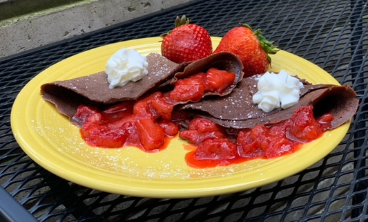 Chocolate Crepe with Strawberry Preserves and Whipped Cream