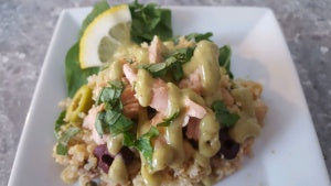 Salmon, Chickpea, and Kalamata olives on  Quinoa with Lemon Vinaigrette