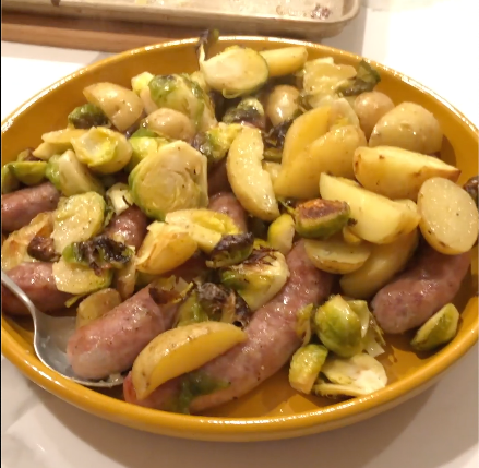 Sheet Pan Sausages with Brussels Sprouts and Honey Mustard