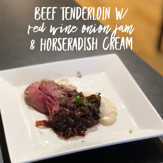 Beef Tenderloin with Red Onion Jam and Horseradish Cream