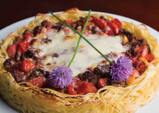 Spaghetti Pie with Herb Roasted Tomatoes