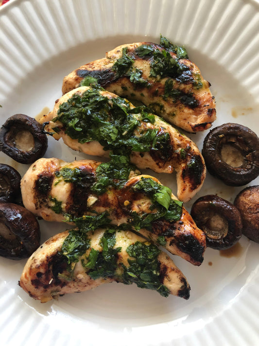 Grilled Chicken with Portobello Mushrooms and Green Herb Pesto