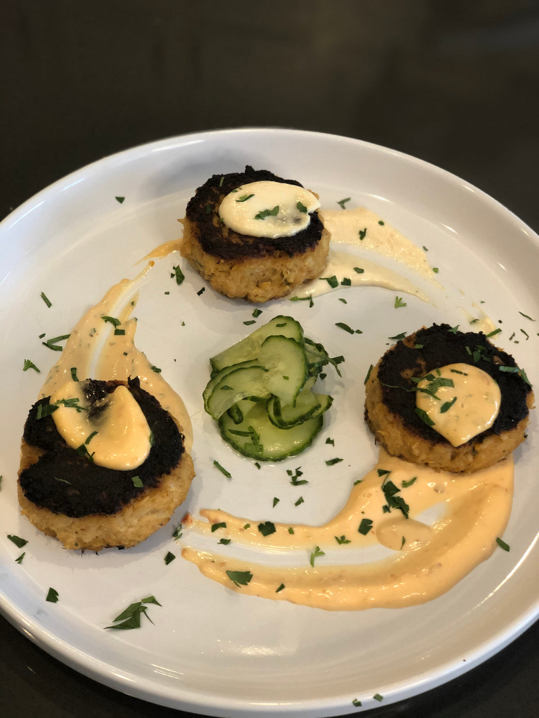 Crab Cakes with Ginger Lime Cucumbers and Sriracha Aioli