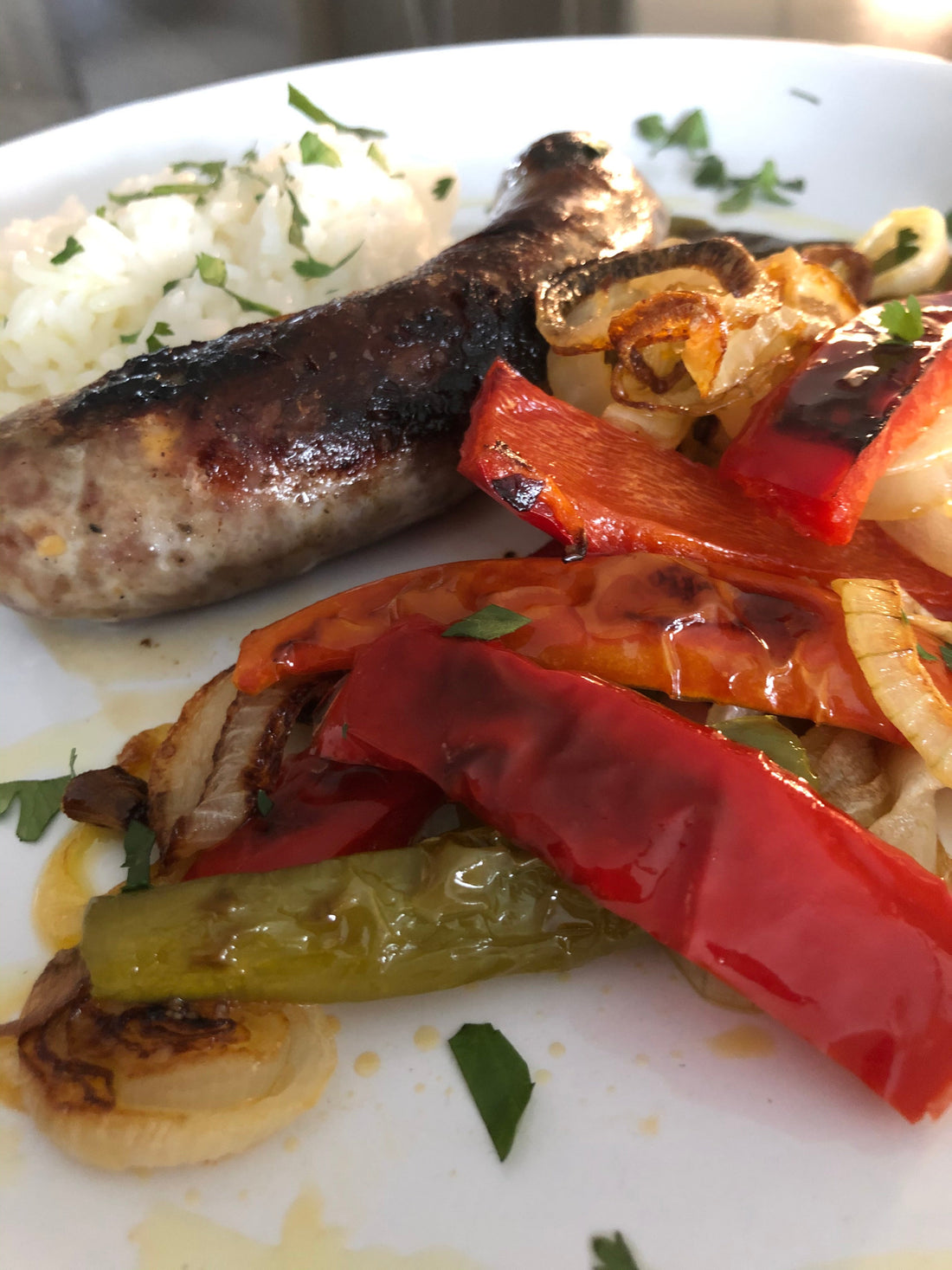 Grilled Sausages, Onions and Peppers