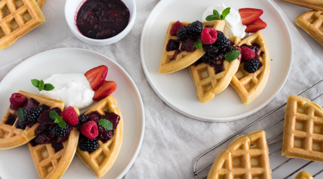 Olive Oil Waffles with Berry Compote