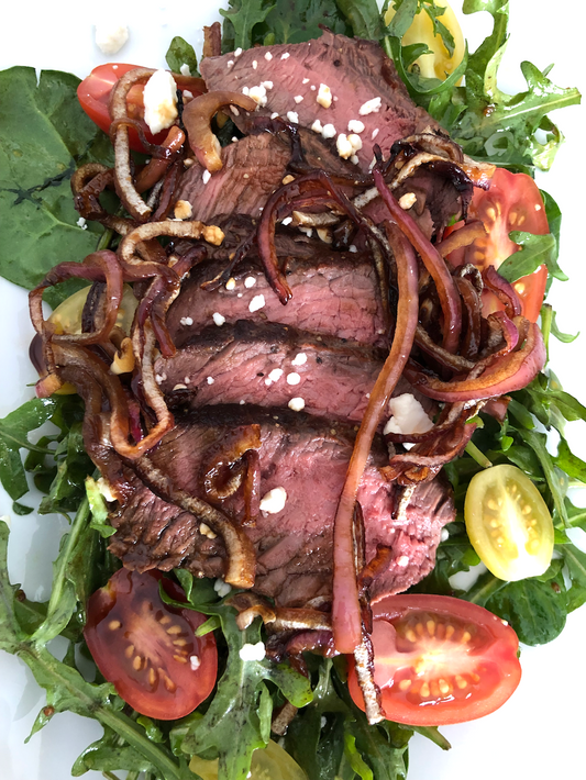 Steak Salad with Balsamic Onions, Tomatoes, Feta