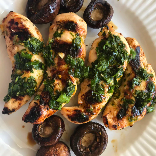 Grilled Chicken with Portobello Mushrooms and Green Herb Pesto