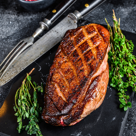 Peach Glazed Duck with Corn Polenta and Salsa Verde