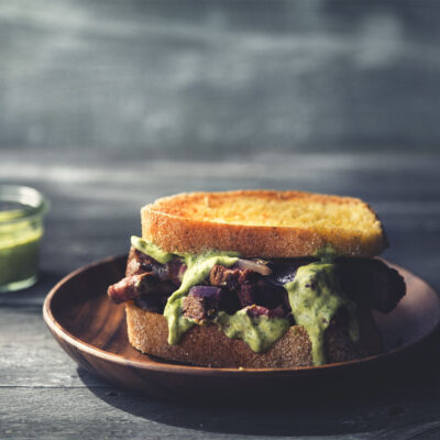 Flank Steak Sandwich with Black Garlic Chimichurri Aioli